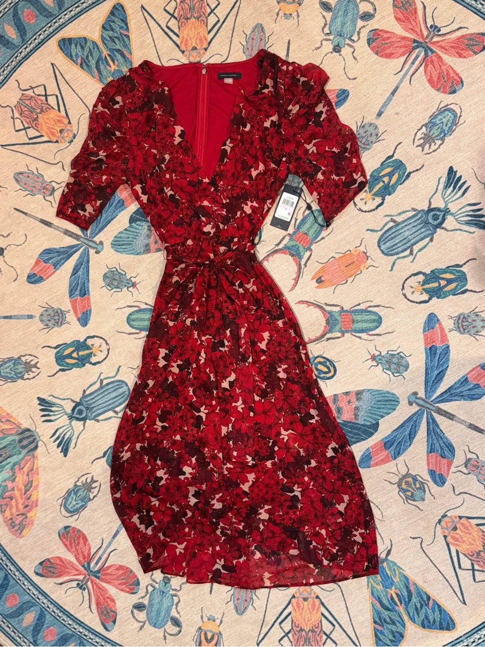 Tommy Hilfiger Red Floral V-Neck Wrap Midi Dress